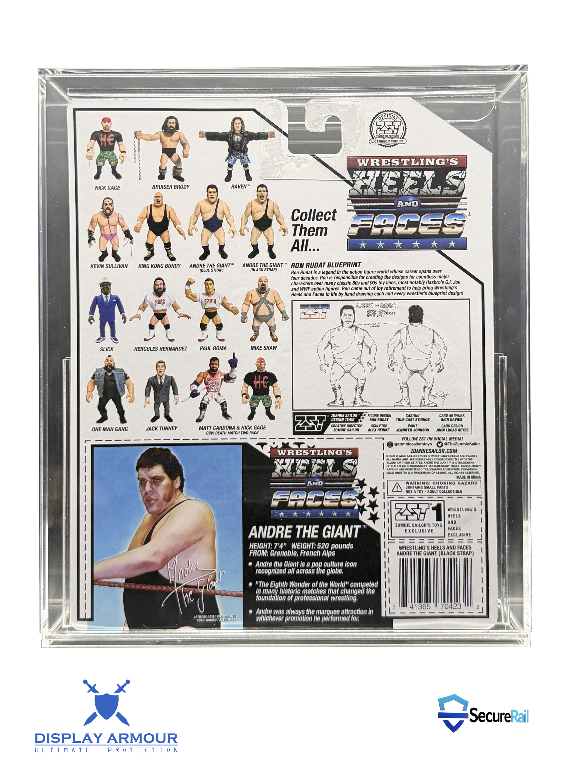 Heels & Faces Zombie Sailor Toys wrestling figure rear cardback in acrylic display case.