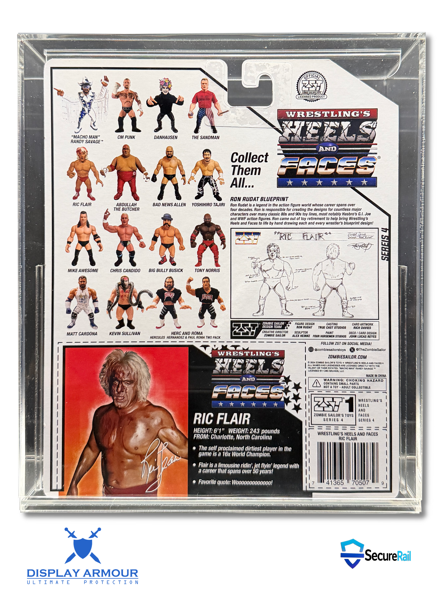 Heels & Faces deep bubble acrylic display case rear view showing cardback artwork.