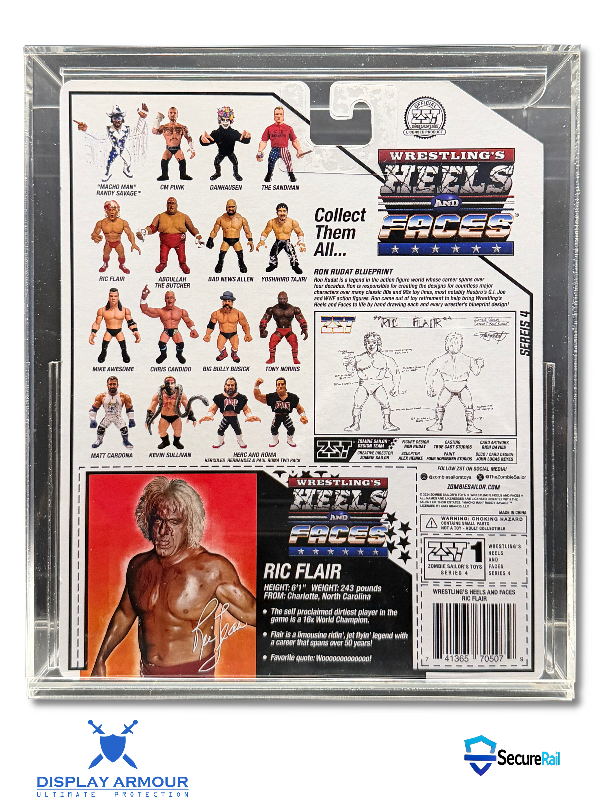 Heels & Faces deep bubble acrylic display case rear view showing cardback artwork.