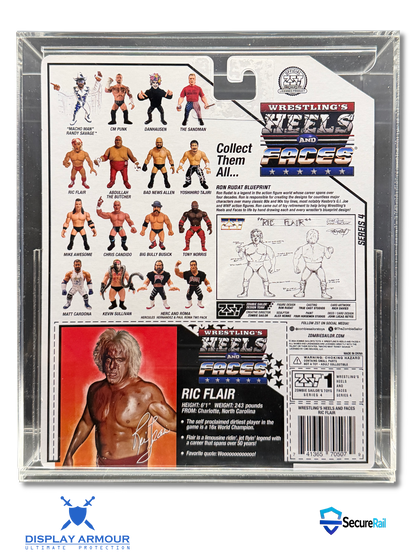 Heels & Faces deep bubble acrylic display case rear view showing cardback artwork.