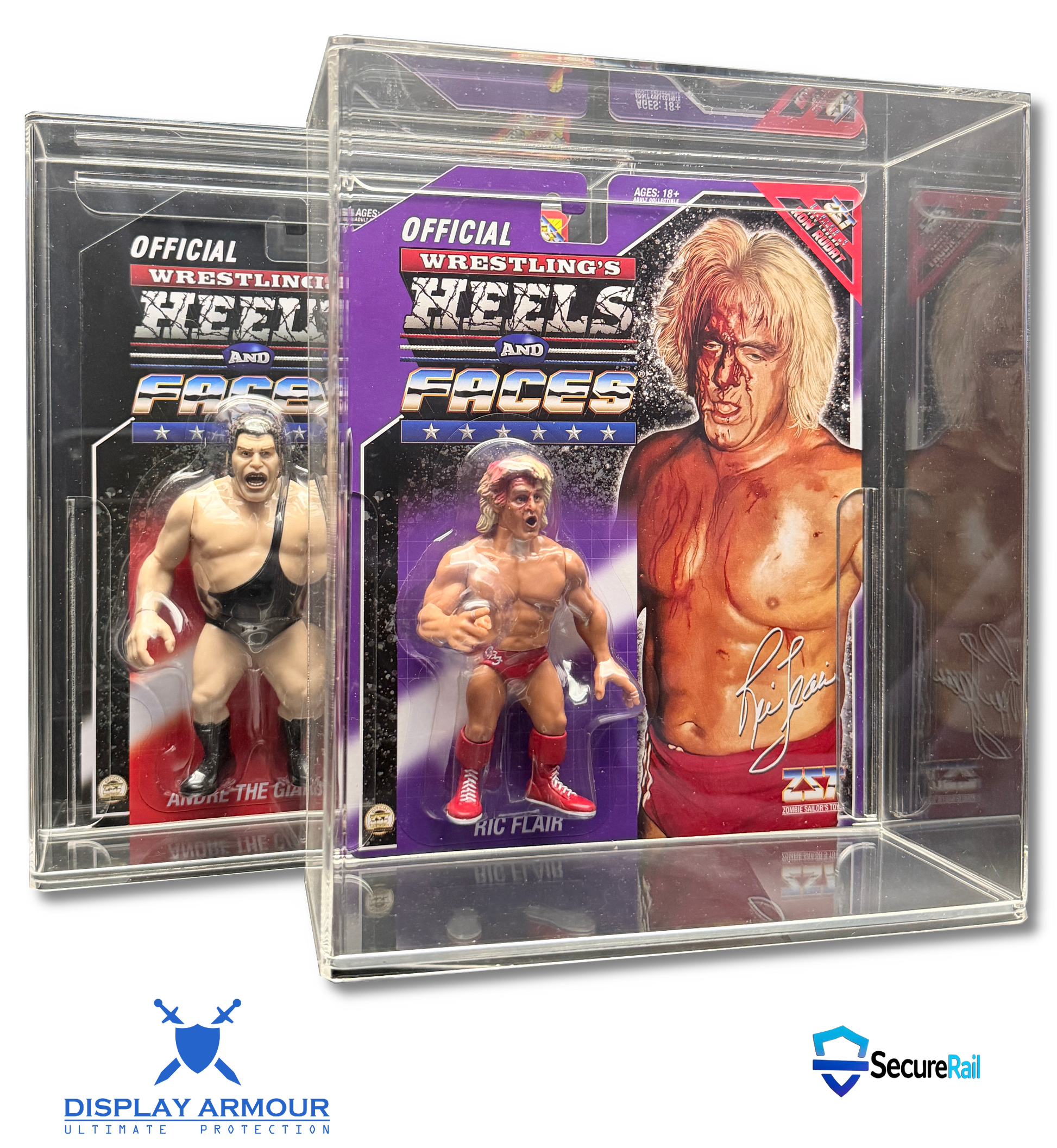 Wrestling figure and card set in a clear display case with 'Display Armour' branding.