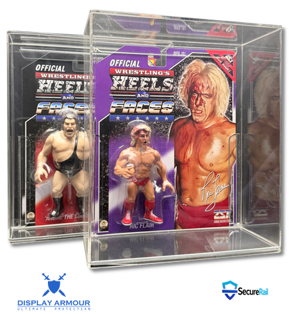 Wrestling figure and card set in a clear display case with 'Display Armour' branding.