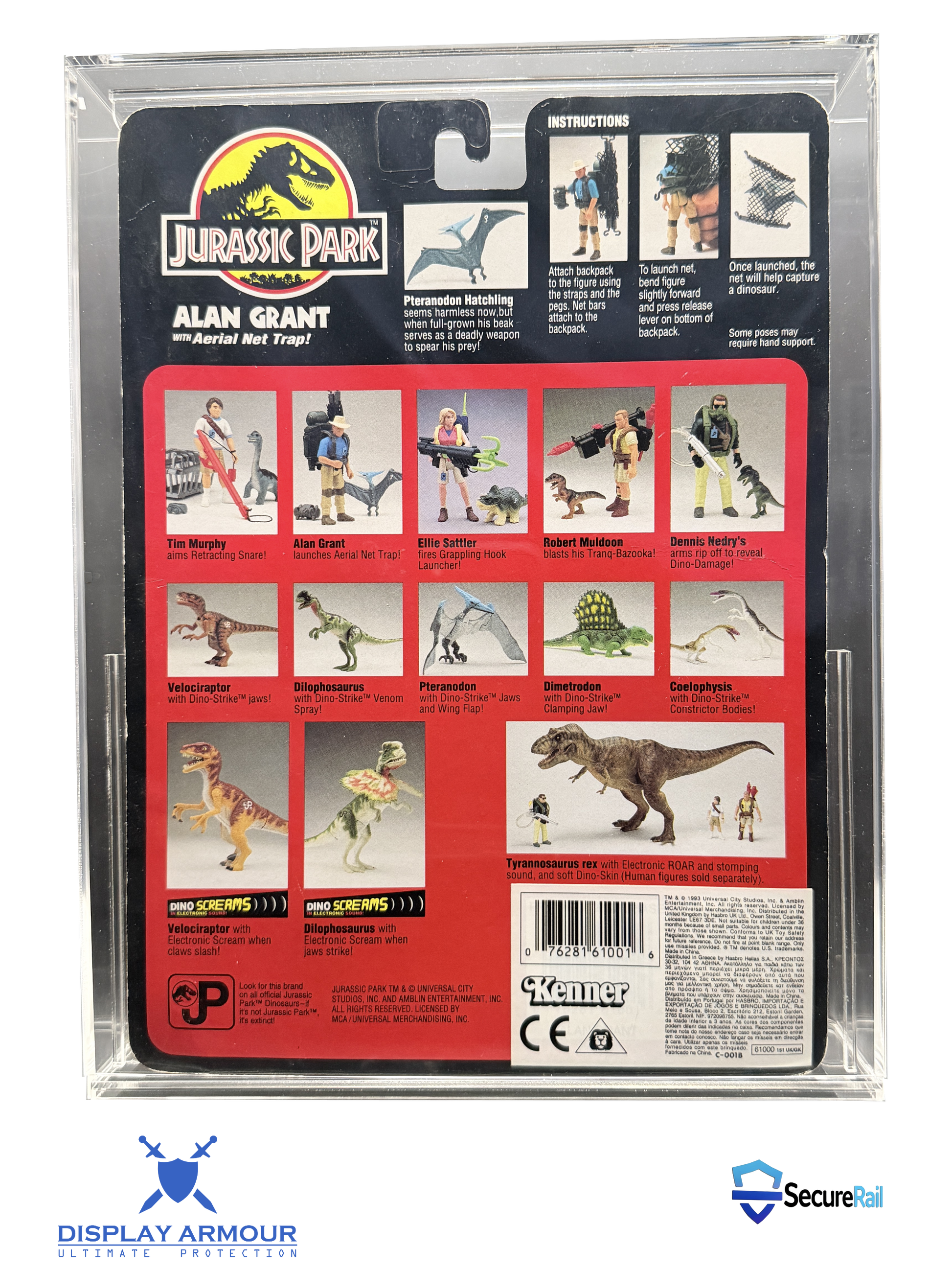 Jurassic Park mint on card figure rear cardback in acrylic display case.