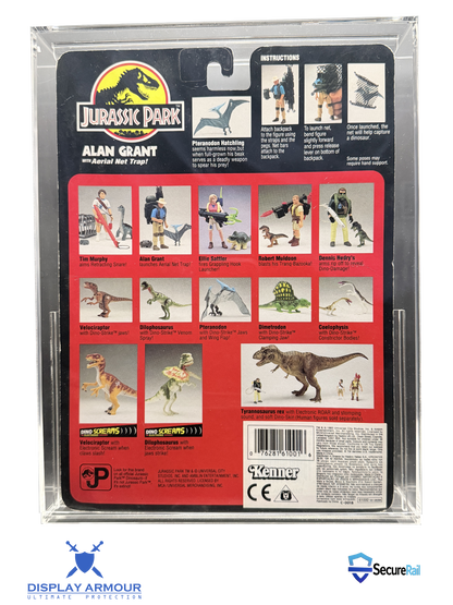 Jurassic Park mint on card figure rear cardback in acrylic display case.
