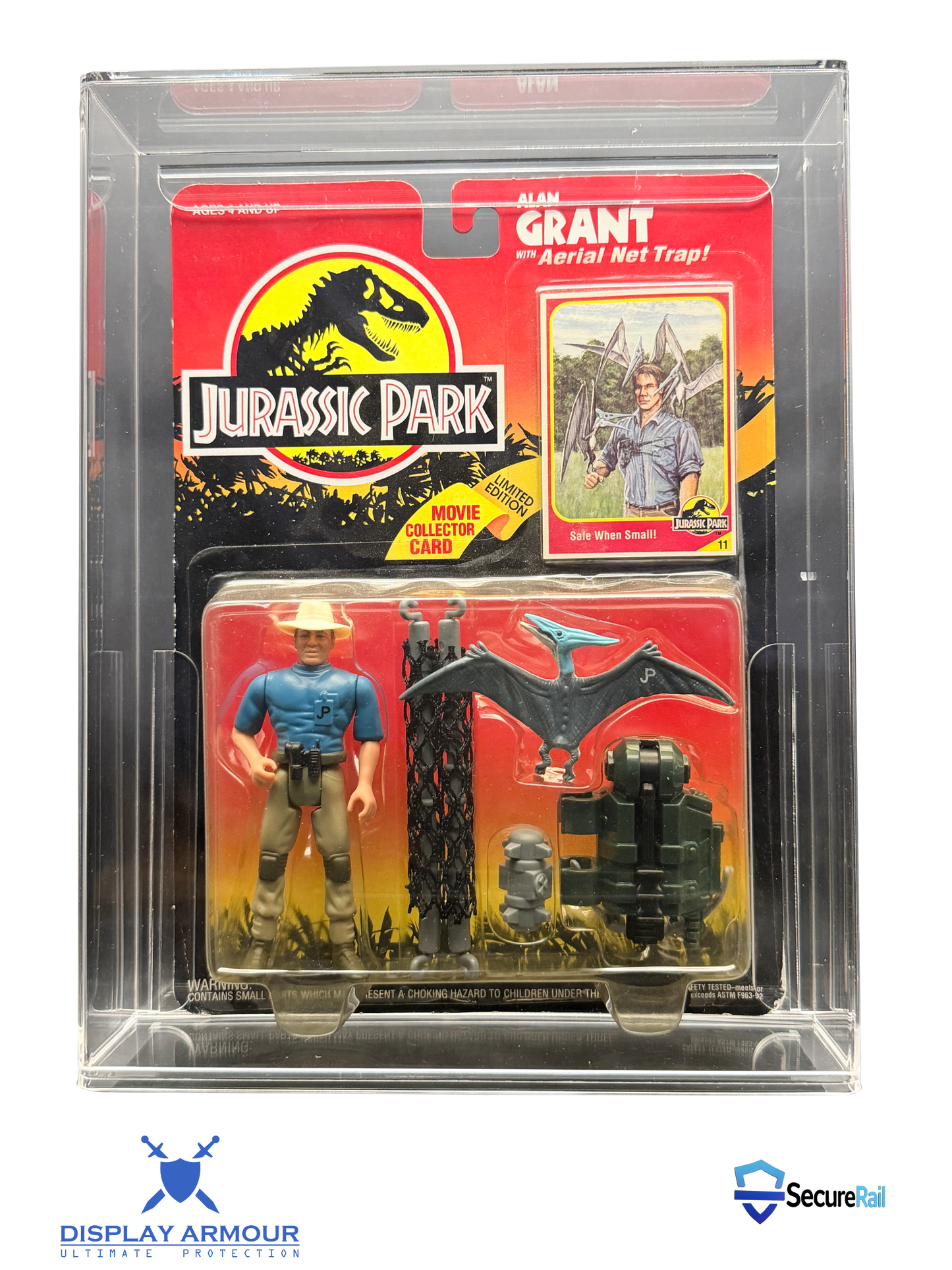 Jurassic Park mint on card figure front view in acrylic display case.