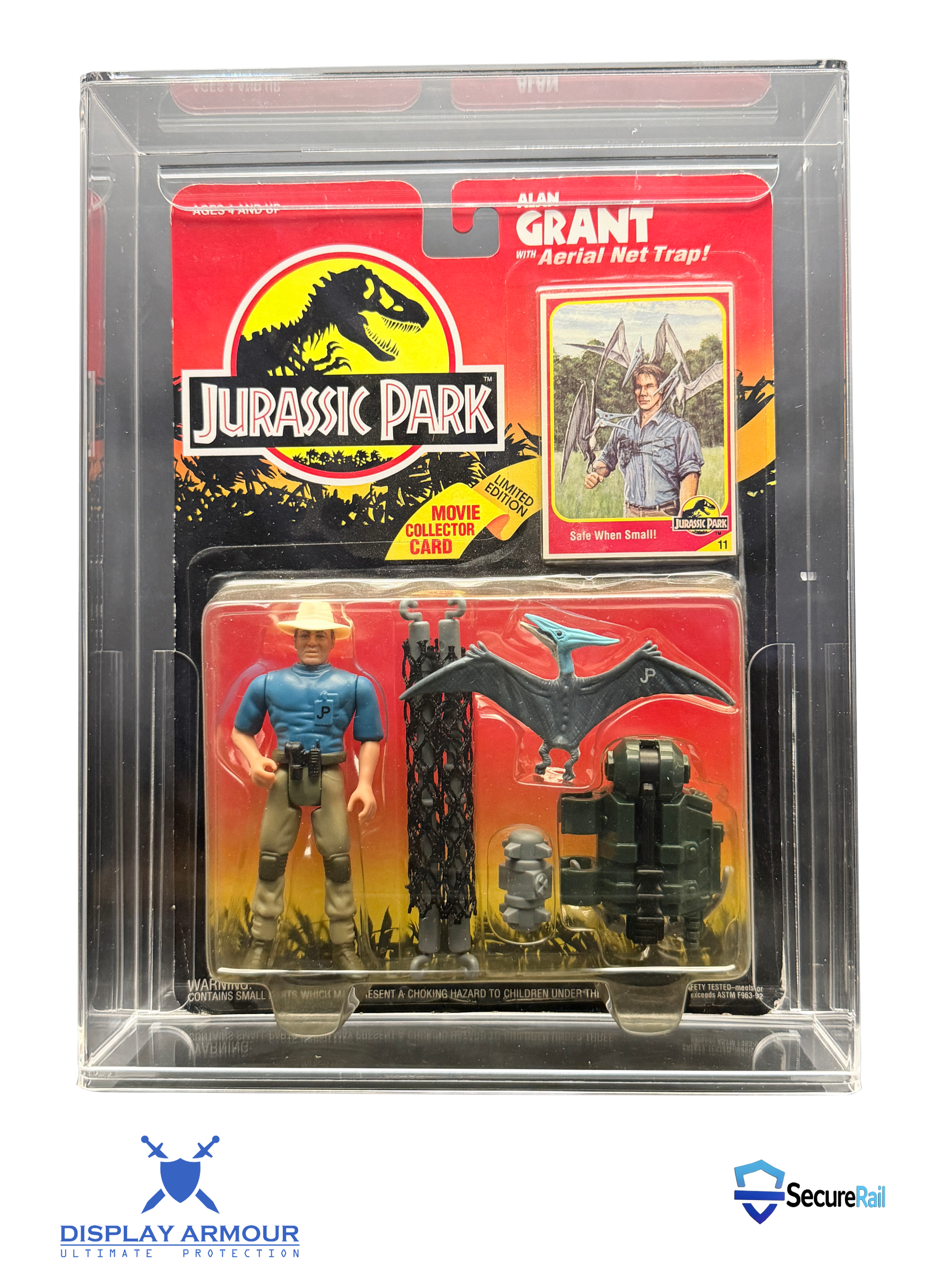 Jurassic Park mint on card figure front view in acrylic display case.