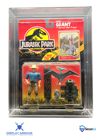 Jurassic Park mint on card figure front view in acrylic display case.