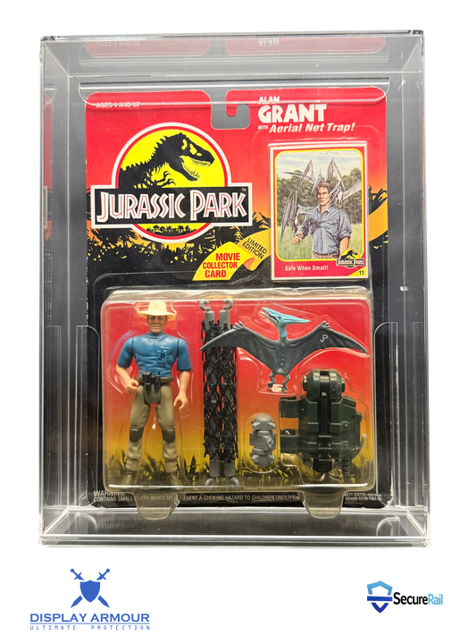 Jurassic Park mint on card figure front view in acrylic display case.
