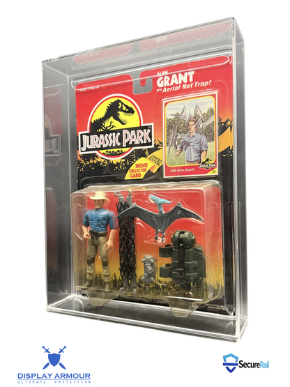 Jurassic Park mint on card figure side angle in acrylic display case.