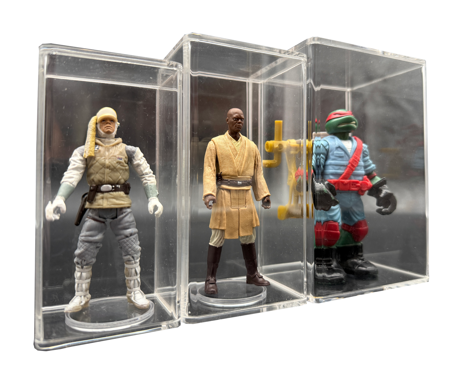 Loose action figures displayed in Display Armour clear acrylic protective cases