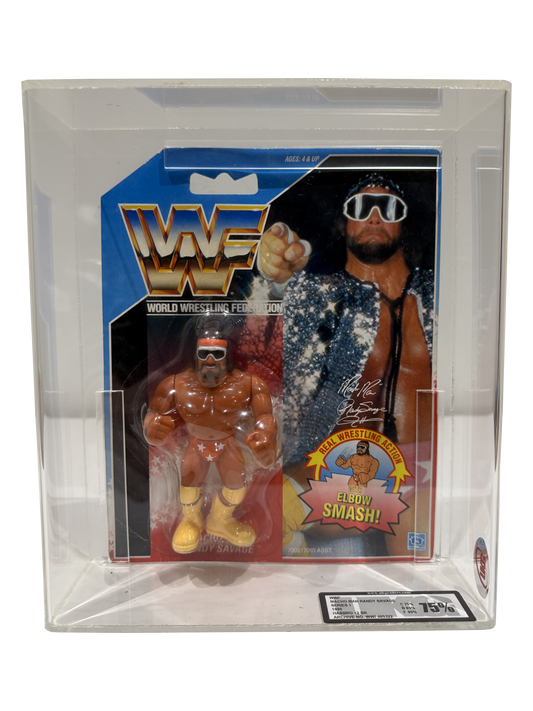 
Macho Man Series 1 action figure in original packaging, showcasing vibrant colors and iconic design from the classic wrestling line.