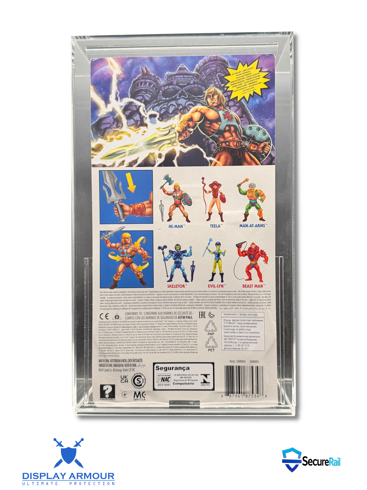Masters Of The Universe mint on card figure rear cardback in acrylic display case.
