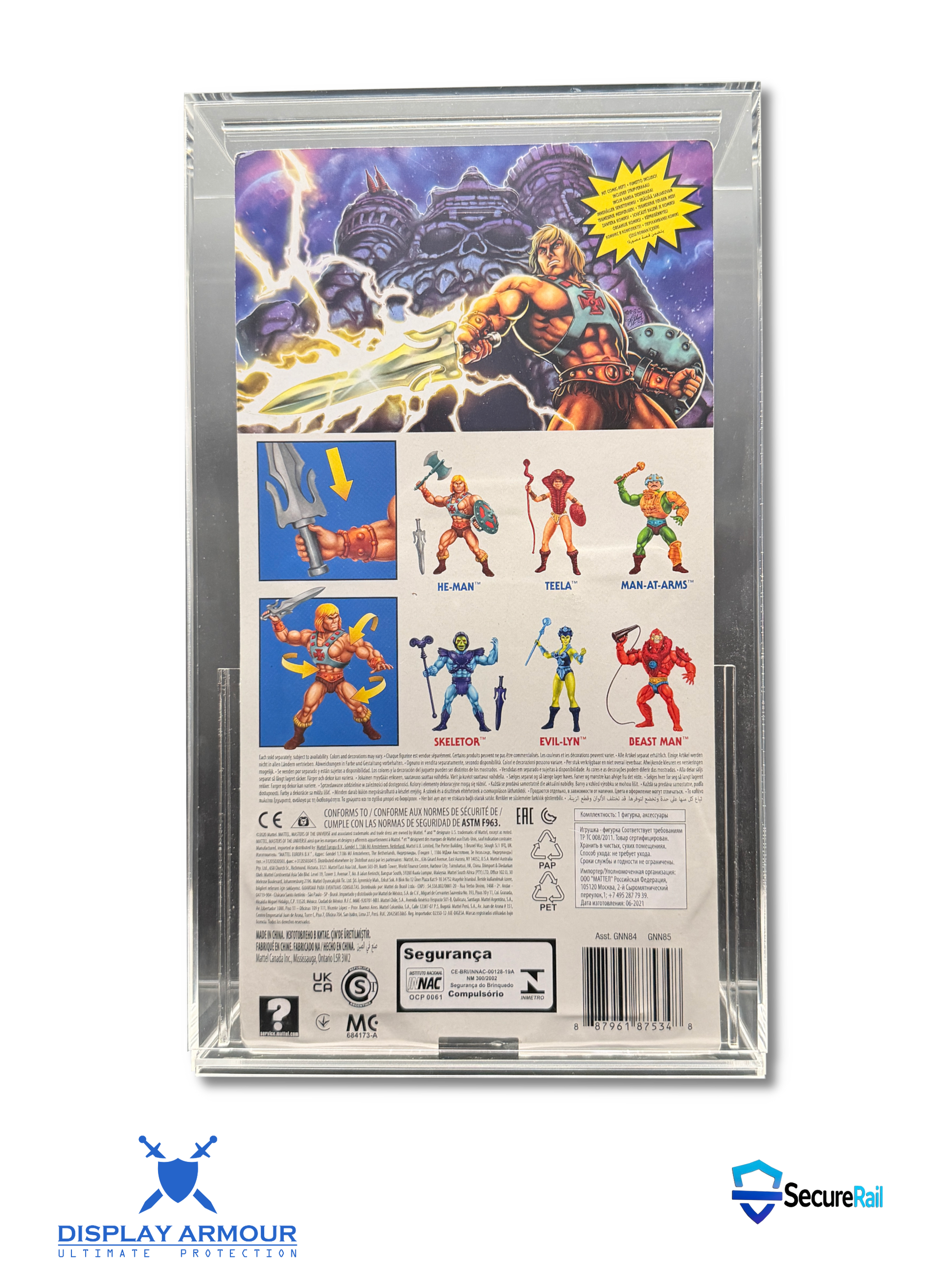 Masters Of The Universe mint on card figure rear cardback in acrylic display case.