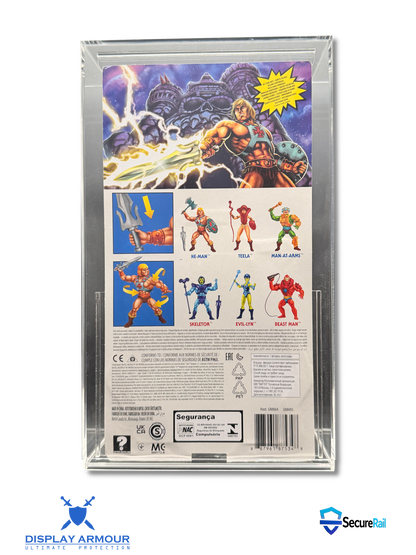 Masters Of The Universe mint on card figure rear cardback in acrylic display case.
