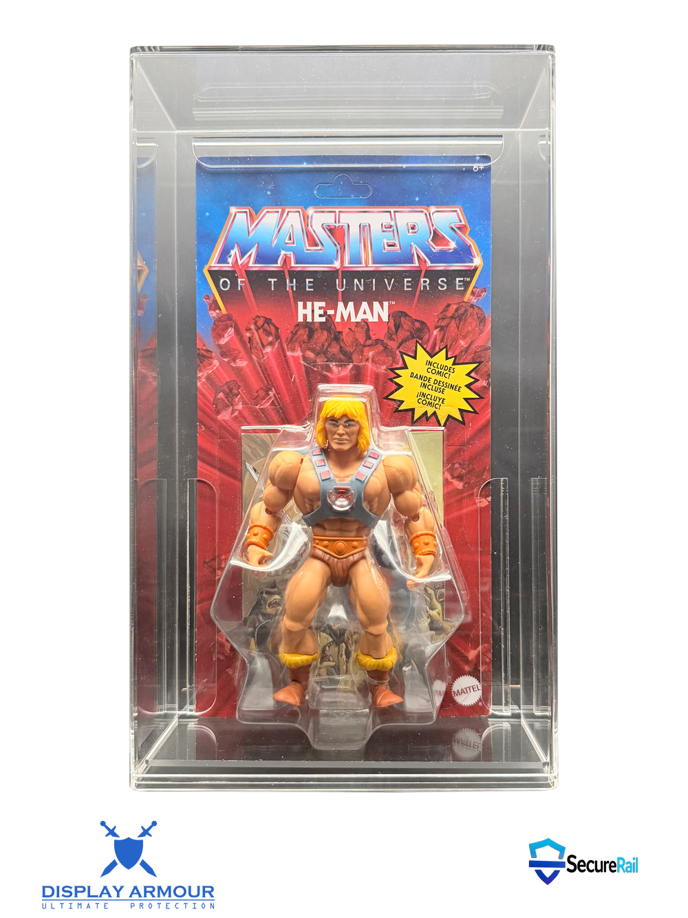 Masters Of The Universe mint on card figure front view in acrylic display case.