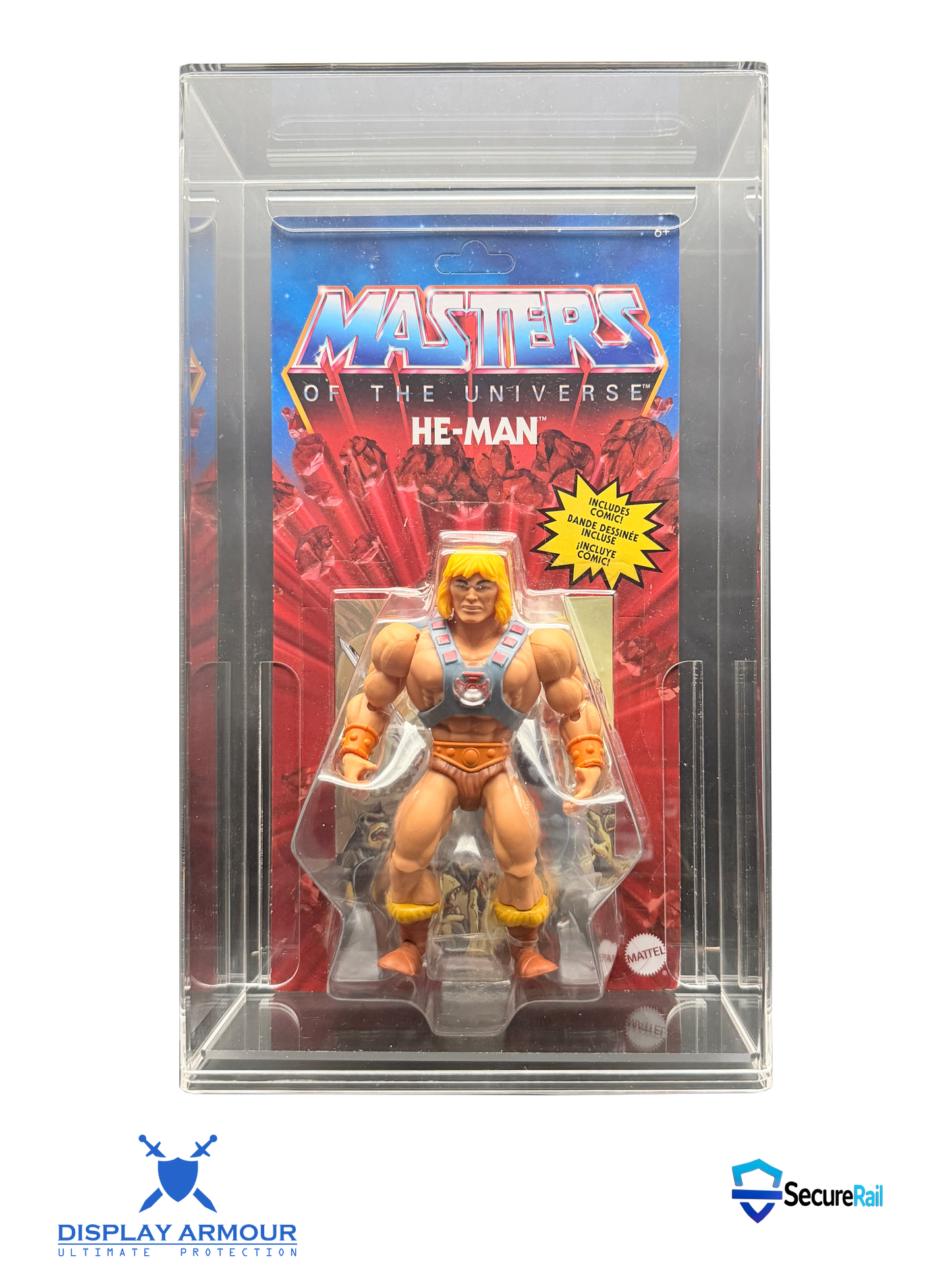Masters Of The Universe mint on card figure front view in acrylic display case.