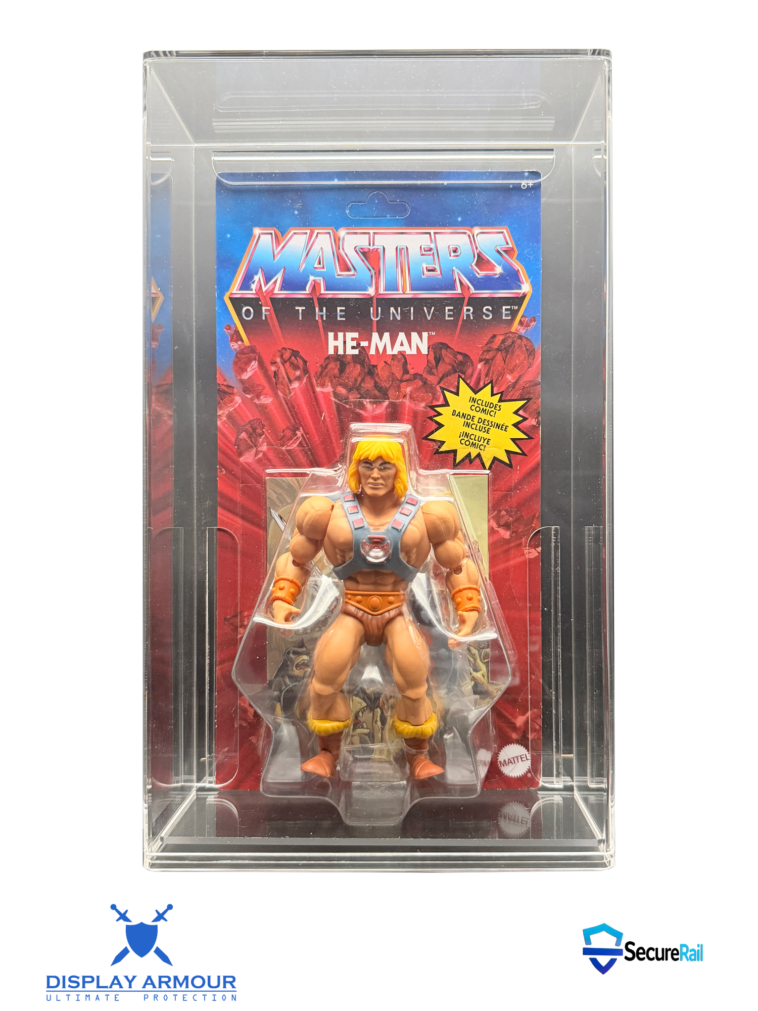 Close-up of Display Armour SecureRail support system inside a Masters of the Universe acrylic display case.