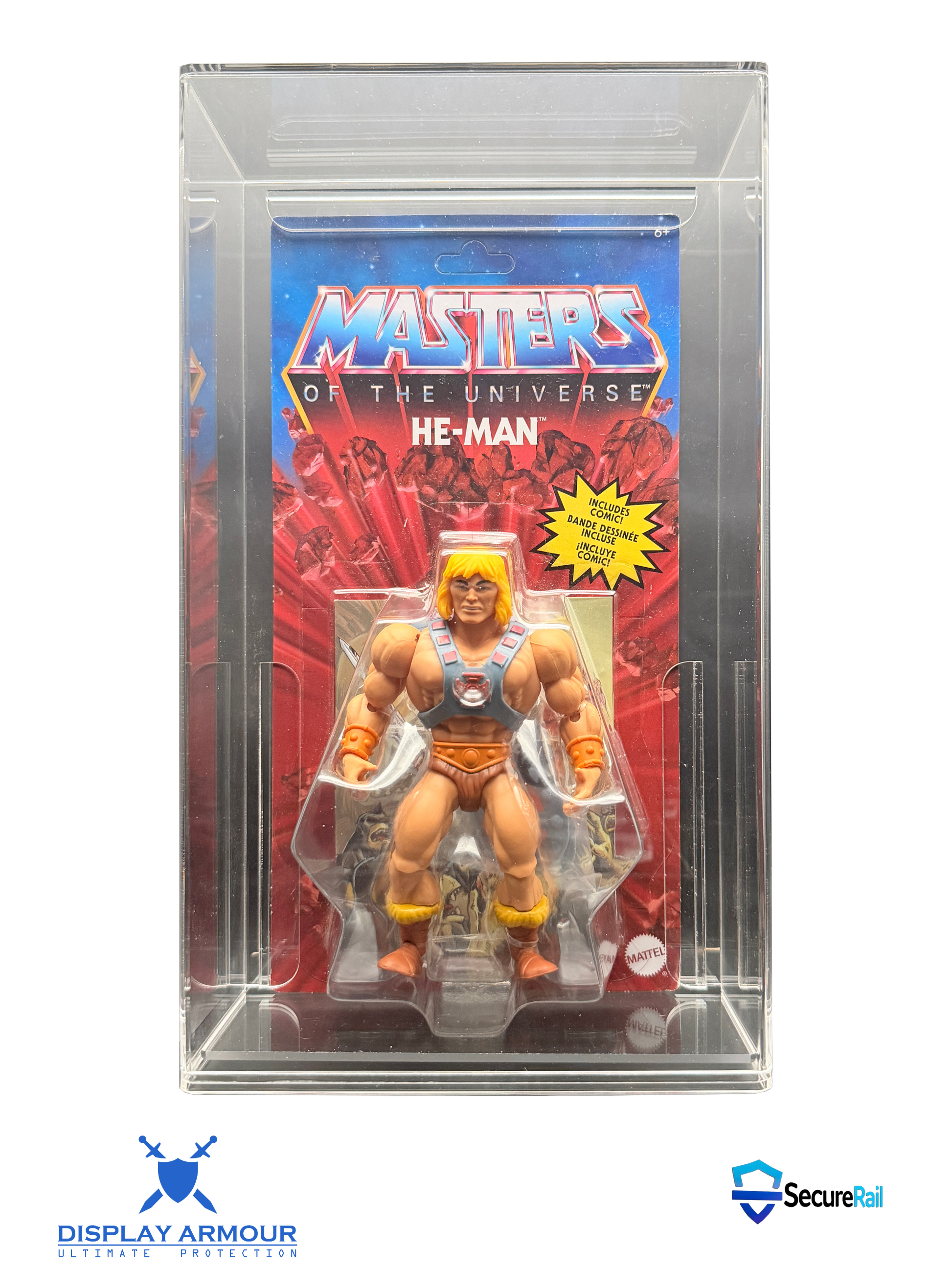 Masters Of The Universe mint on card figure front view in acrylic display case.