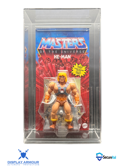 Masters Of The Universe mint on card figure front view in acrylic display case.