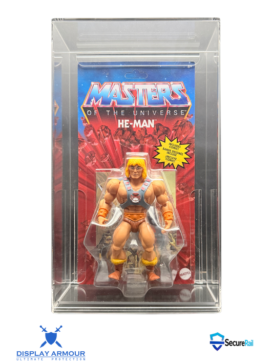 Masters Of The Universe mint on card figure front view in acrylic display case.