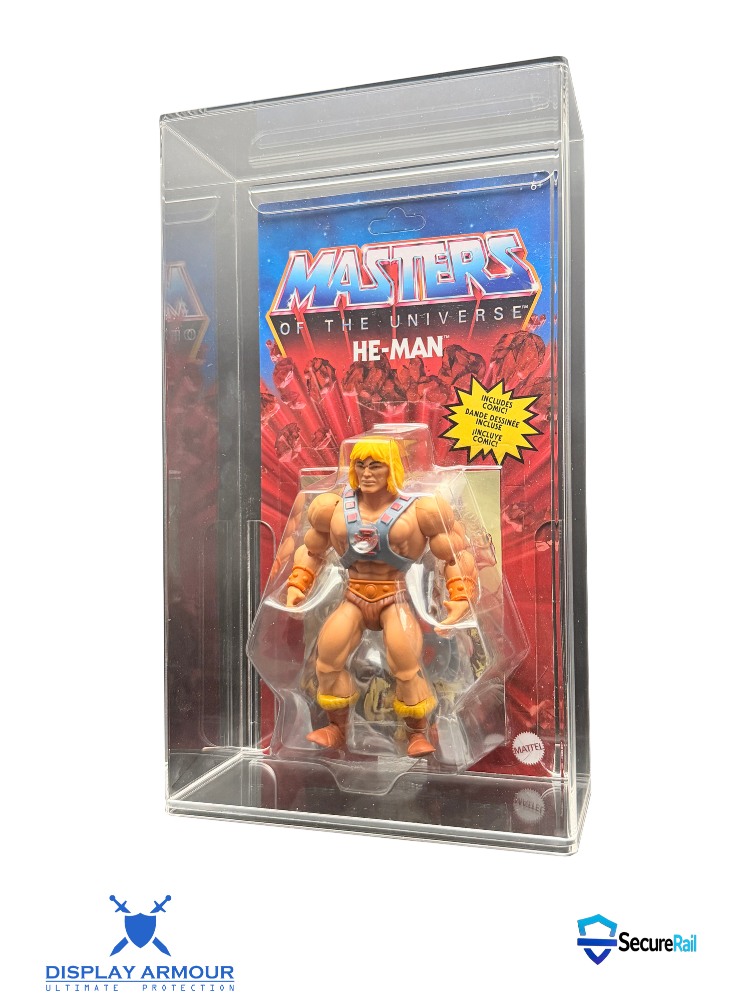 Display Armour acrylic display case engineered for Masters of the Universe Vintage Mattel, MOTU Origins and Super7 card formats.