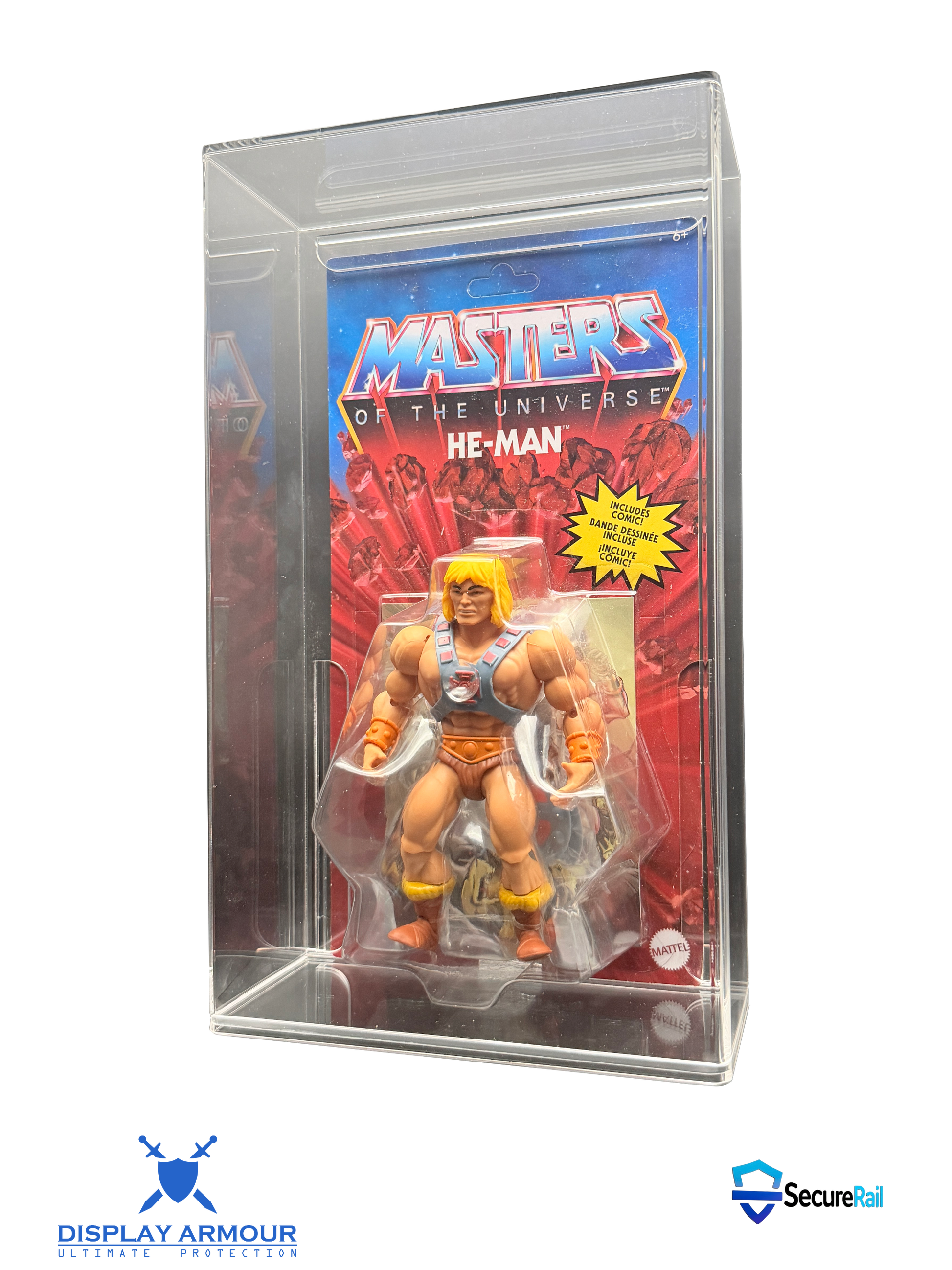 Masters Of The Universe mint on card figure side angle in acrylic display case.