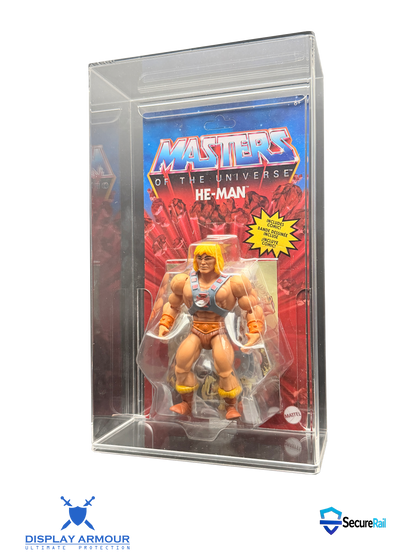 Masters Of The Universe mint on card figure side angle in acrylic display case.