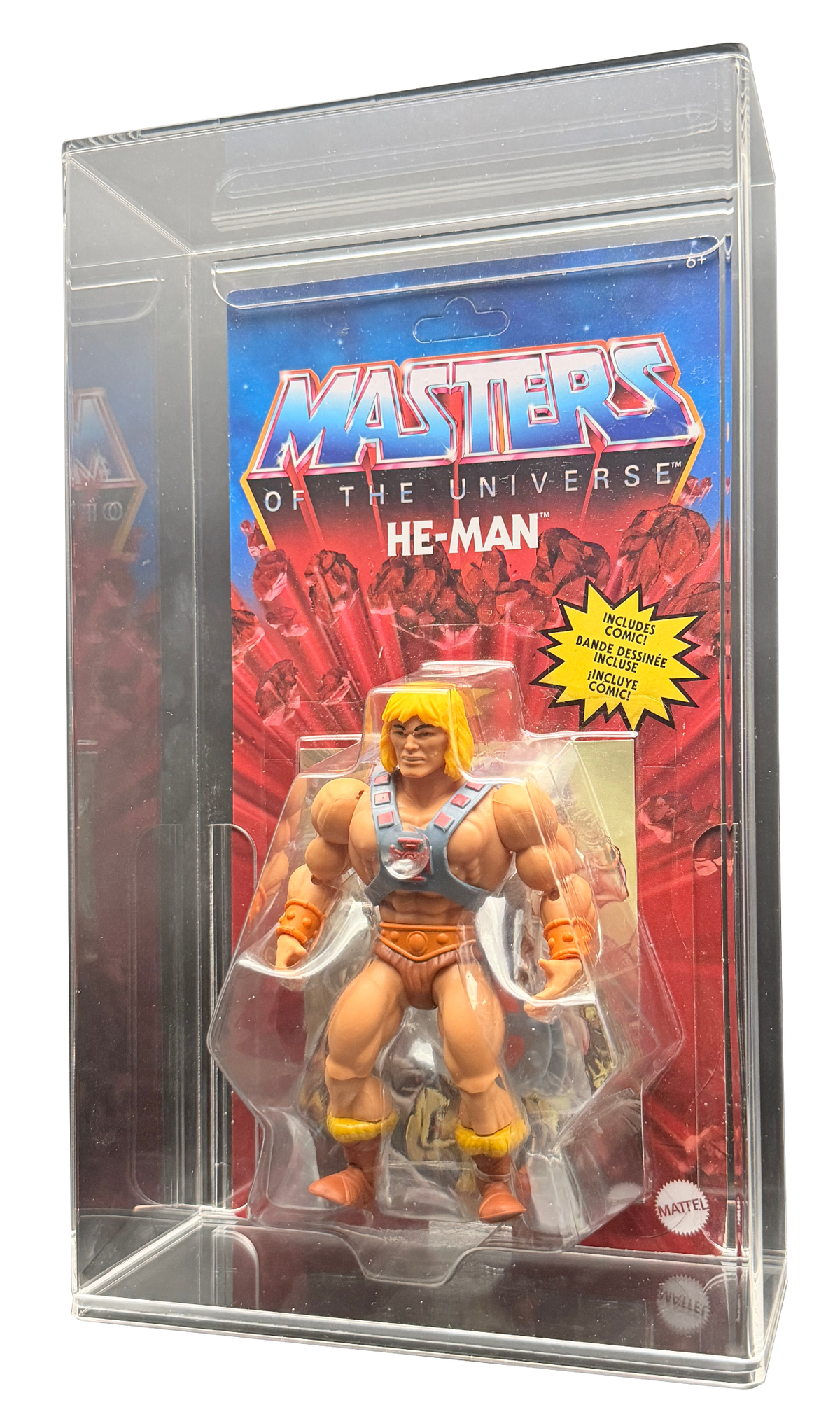 Masters of the Universe Origins He-Man action figure displayed inside a Display Armour UV-protected acrylic display case.
