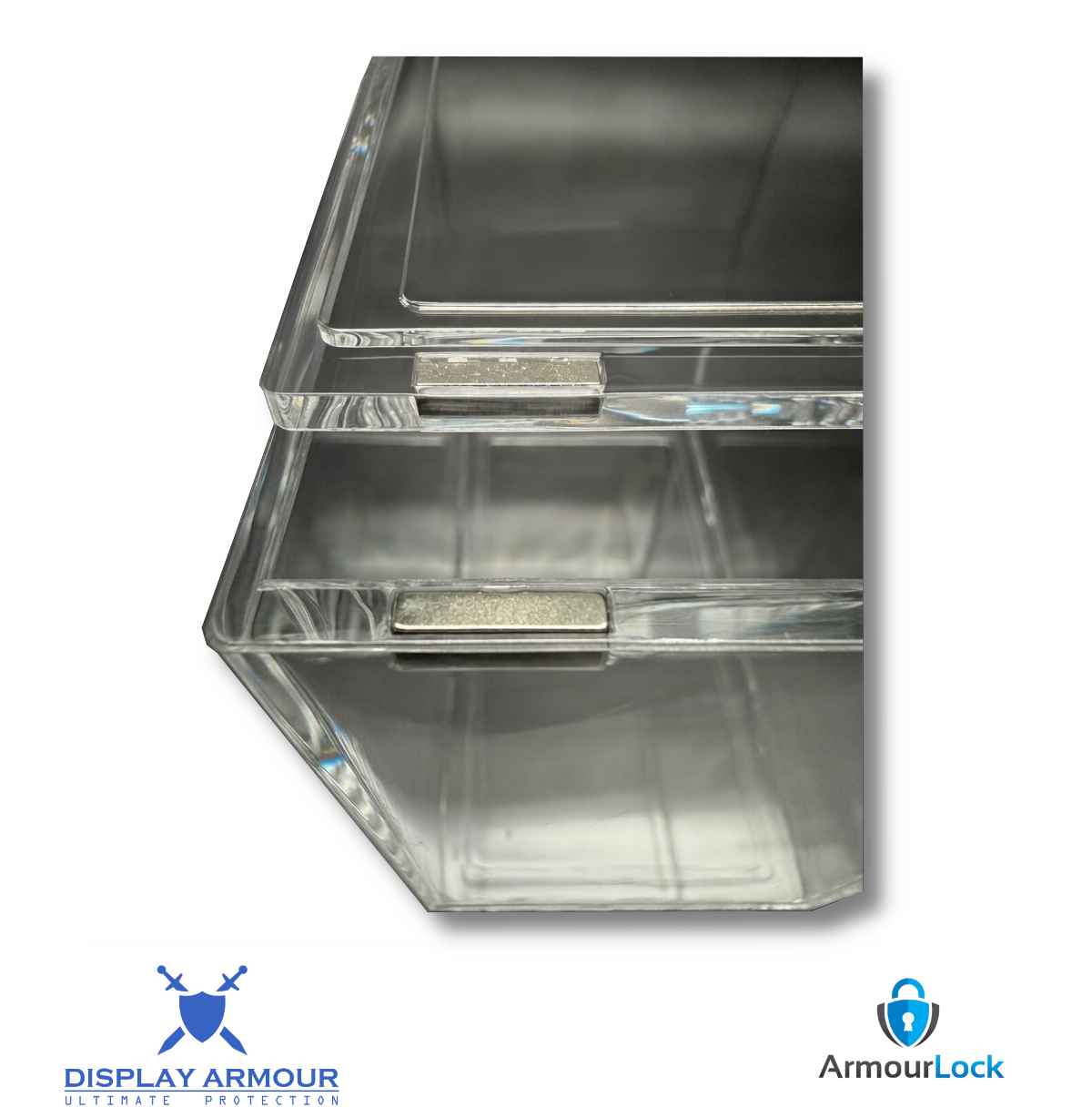 Illustration of ArmourLock magnetic closure technology for sealed acrylic display cases