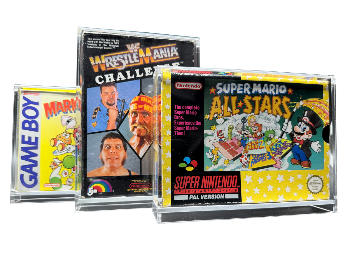 Boxed Nintendo and Sega video games protected in Display Armour acrylic cases