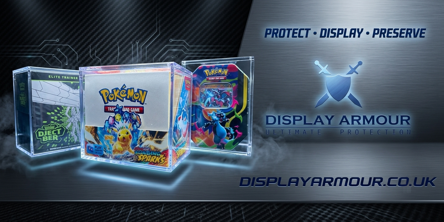 Display Armour acrylic cases protecting Pokémon Elite Trainer Boxes, booster boxes and collector tins