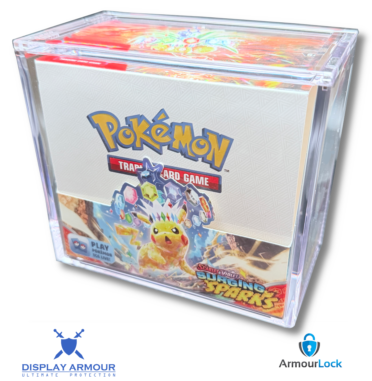 Sealed Pokémon booster box displayed inside a Display Armour crystal-clear UV acrylic display case