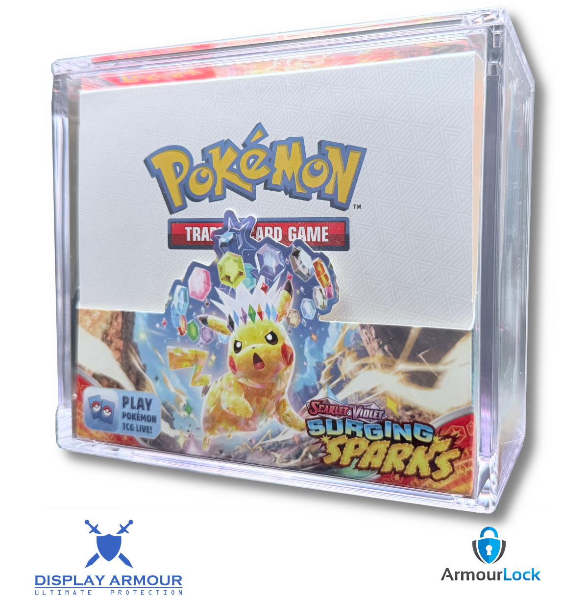 Display Armour Pokémon Booster Box acrylic display case protecting a sealed Pokémon booster box