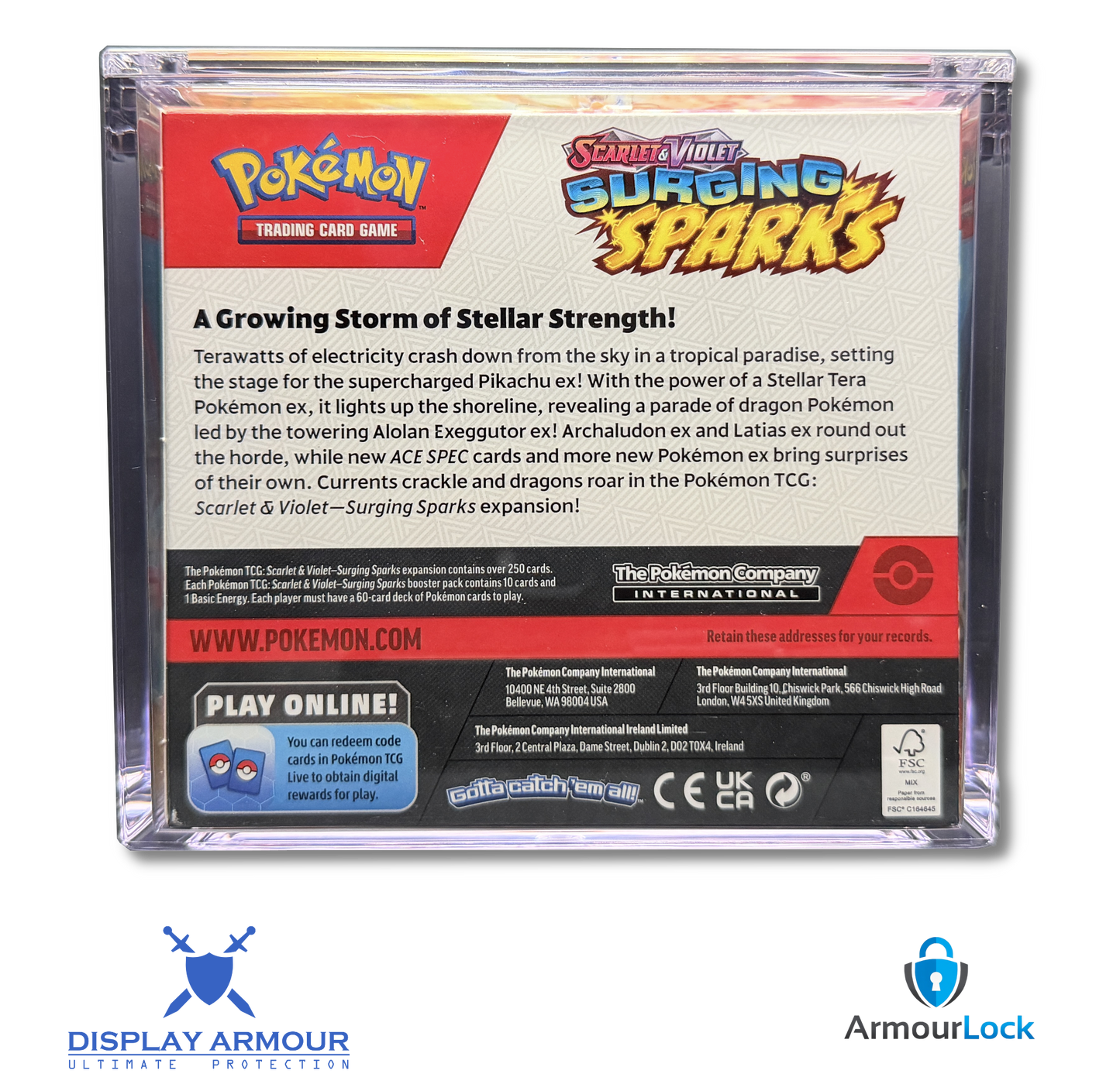 Pokémon booster box sealed product rear view inside premium acrylic display case.