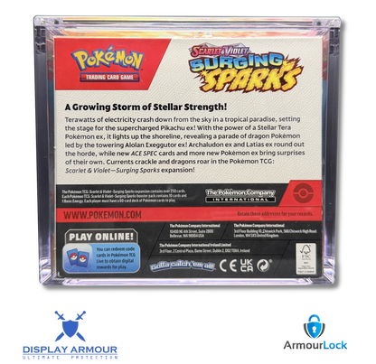 Pokémon booster box sealed product rear view inside premium acrylic display case.