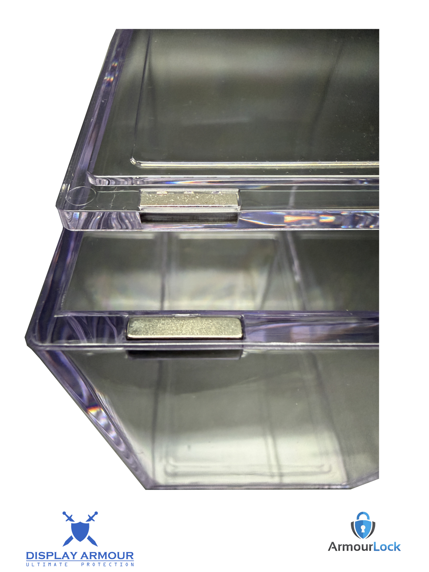 Pokémon booster box acrylic display case empty with ArmourLock closure side angle view