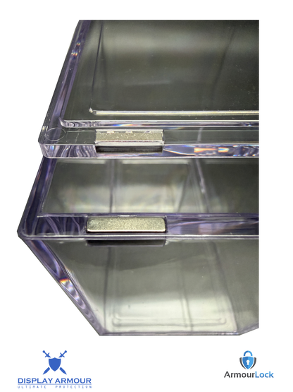 Pokémon booster box acrylic display case empty with ArmourLock closure side angle view