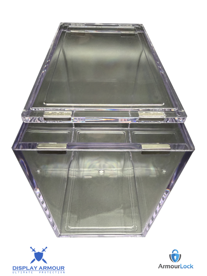 Pokémon booster box acrylic display case empty with lid open top view.