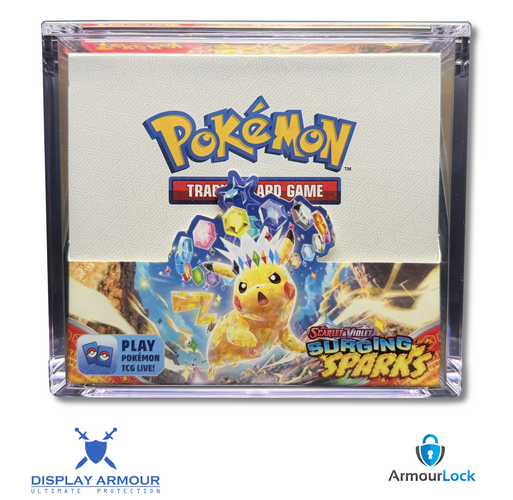 Pokémon booster box sealed product front view in Display Armour acrylic case.
