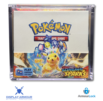 Pokémon booster box sealed product front view in Display Armour acrylic case.