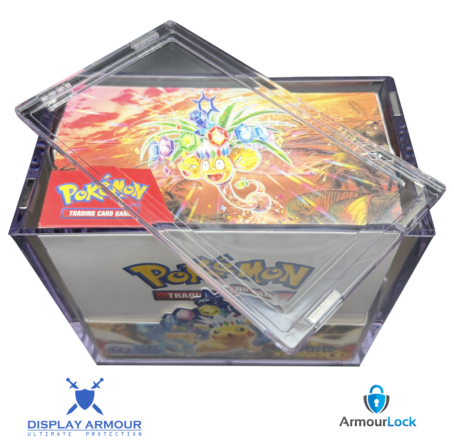 Pokémon booster box acrylic display case with lid open showing internal storage space.