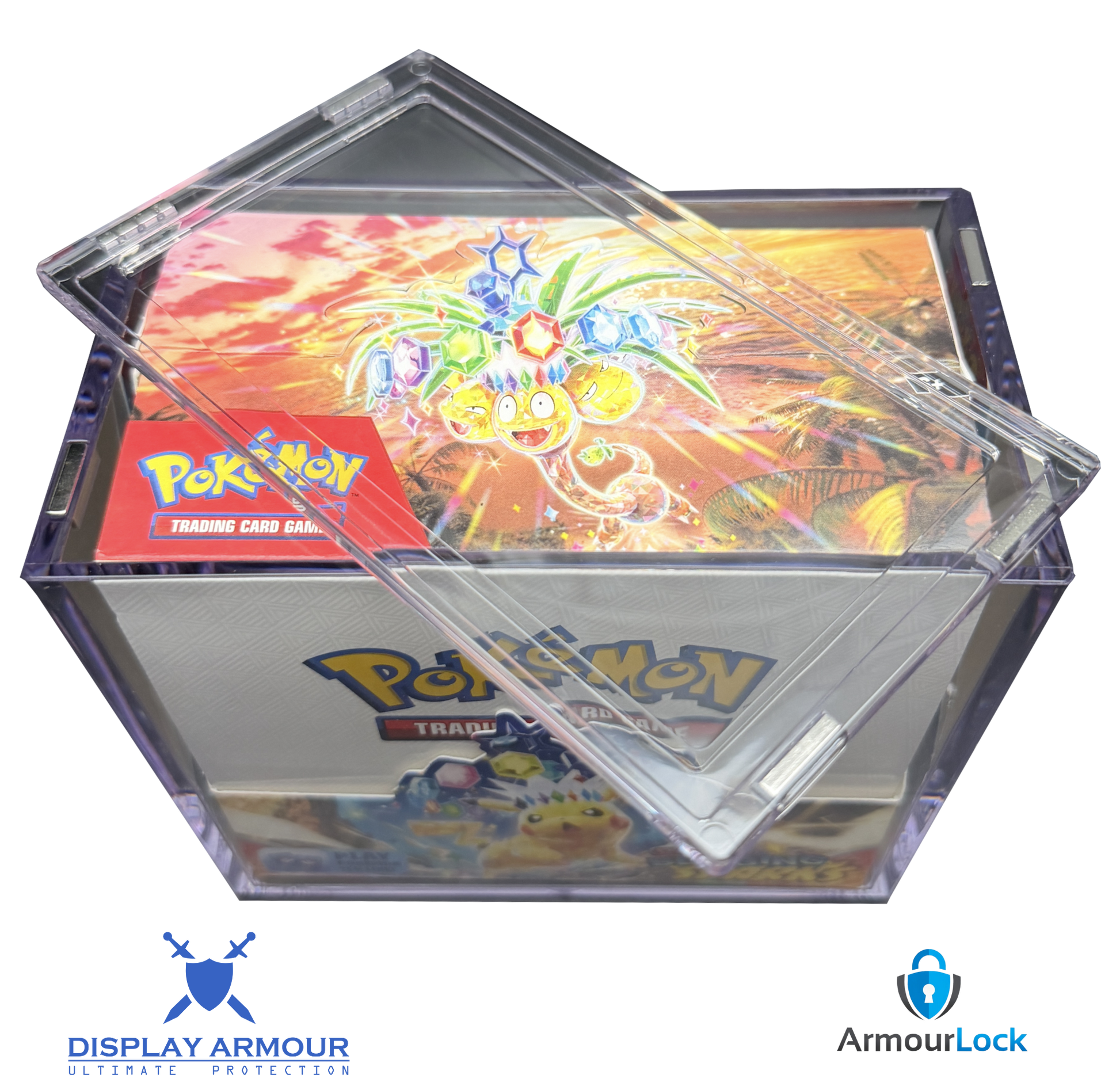 Pokémon booster box acrylic display case with lid open showing internal storage space.