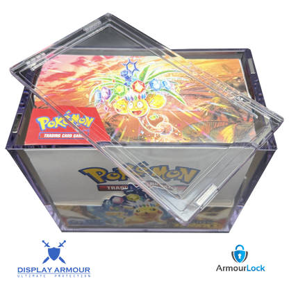 Pokémon booster box acrylic display case with lid open showing internal storage space.