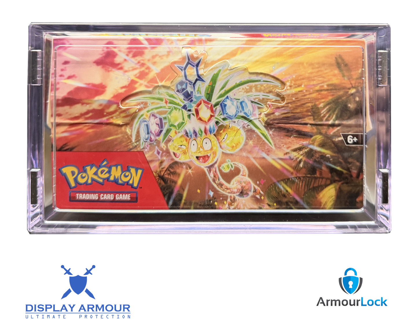 Pokémon booster box sealed product in acrylic display case top view.