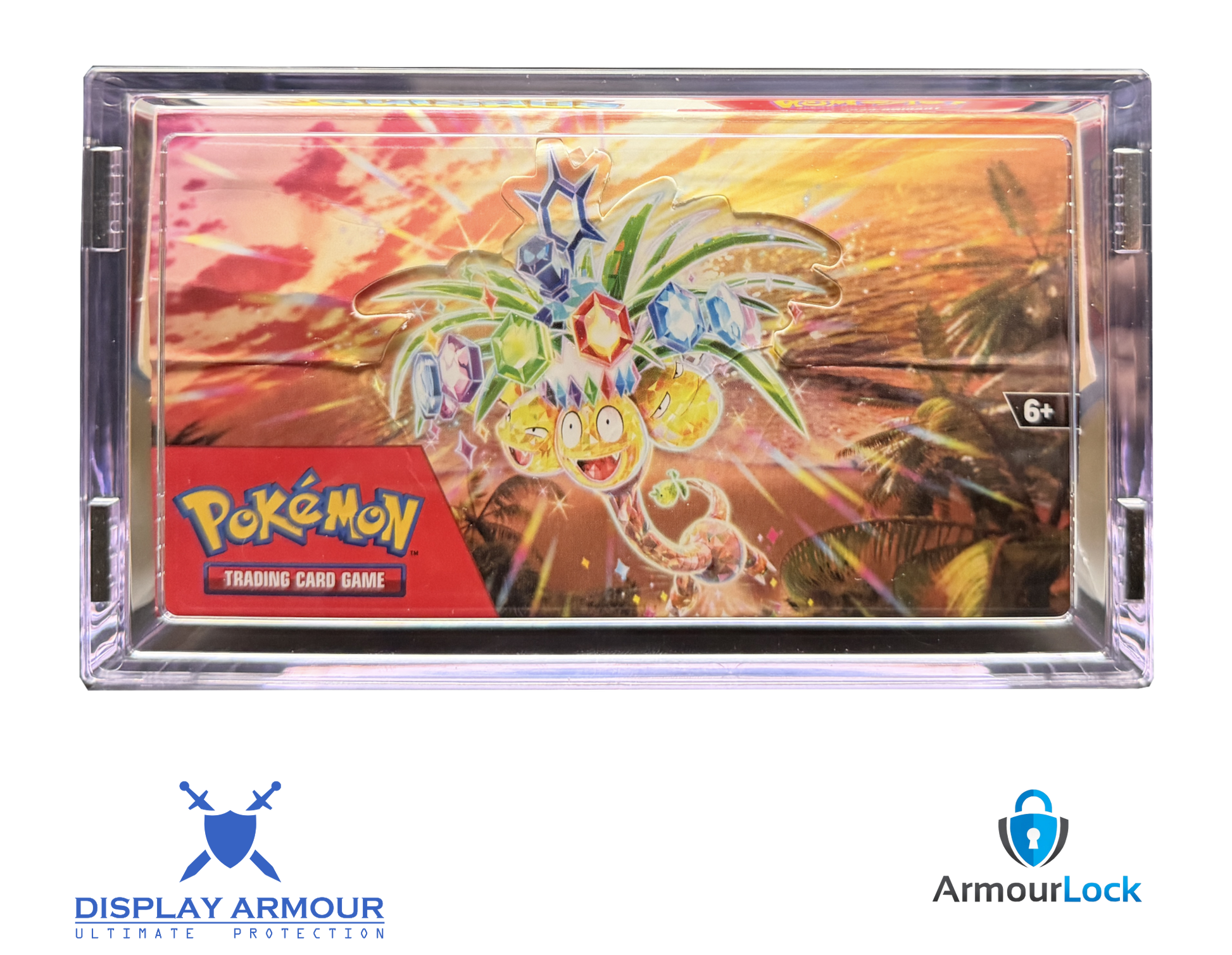 Pokémon booster box sealed product in acrylic display case top view.