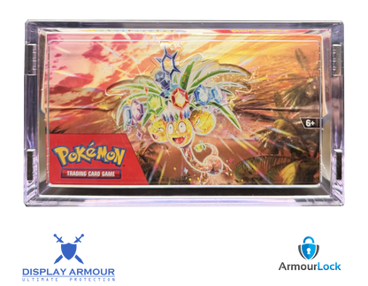 Pokémon booster box sealed product in acrylic display case top view.