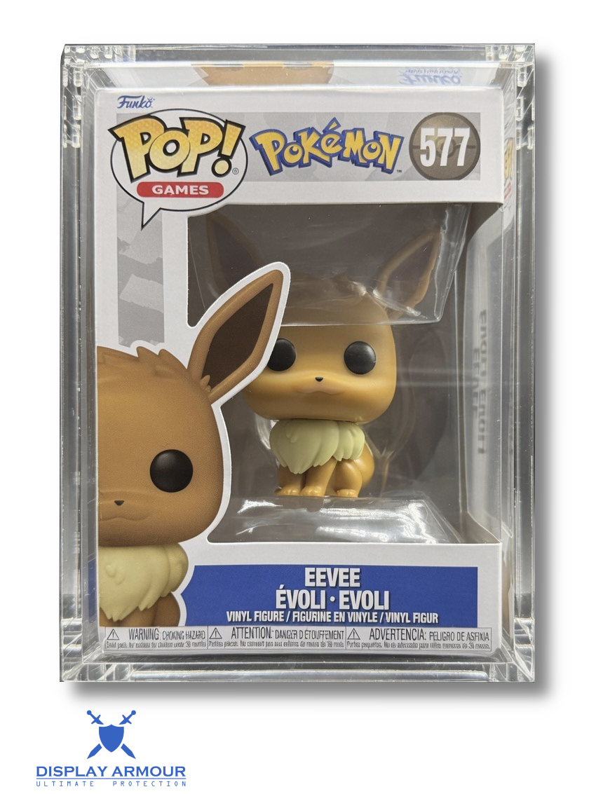 Funko Pop! Games vinyl figure of Eevee, number 577, sealed in a clear plastic display case. The figure is tan with a cream-colored chest and is shown against a white background with a blue and white Funko branding header.