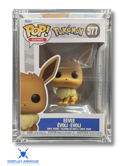 Funko Pop! Games vinyl figure of Eevee, number 577, sealed in a clear plastic display case. The figure is tan with a cream-colored chest and is shown against a white background with a blue and white Funko branding header.