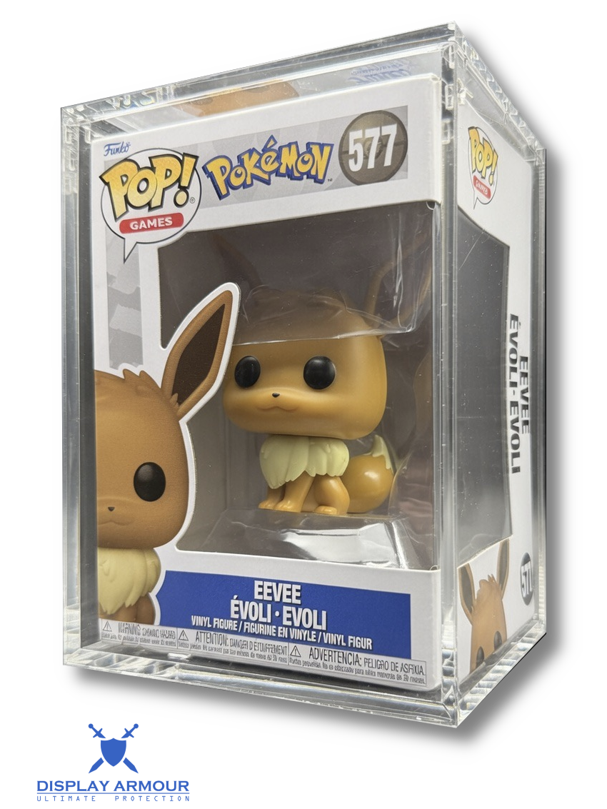 Funko Pop! Games vinyl figure of Eevee, number 577, displayed inside a clear acrylic display block. The figure is tan with a cream-colored chest and collar.