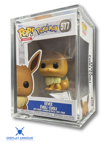 Funko Pop! Games vinyl figure of Eevee, number 577, displayed inside a clear acrylic display block. The figure is tan with a cream-colored chest and collar.